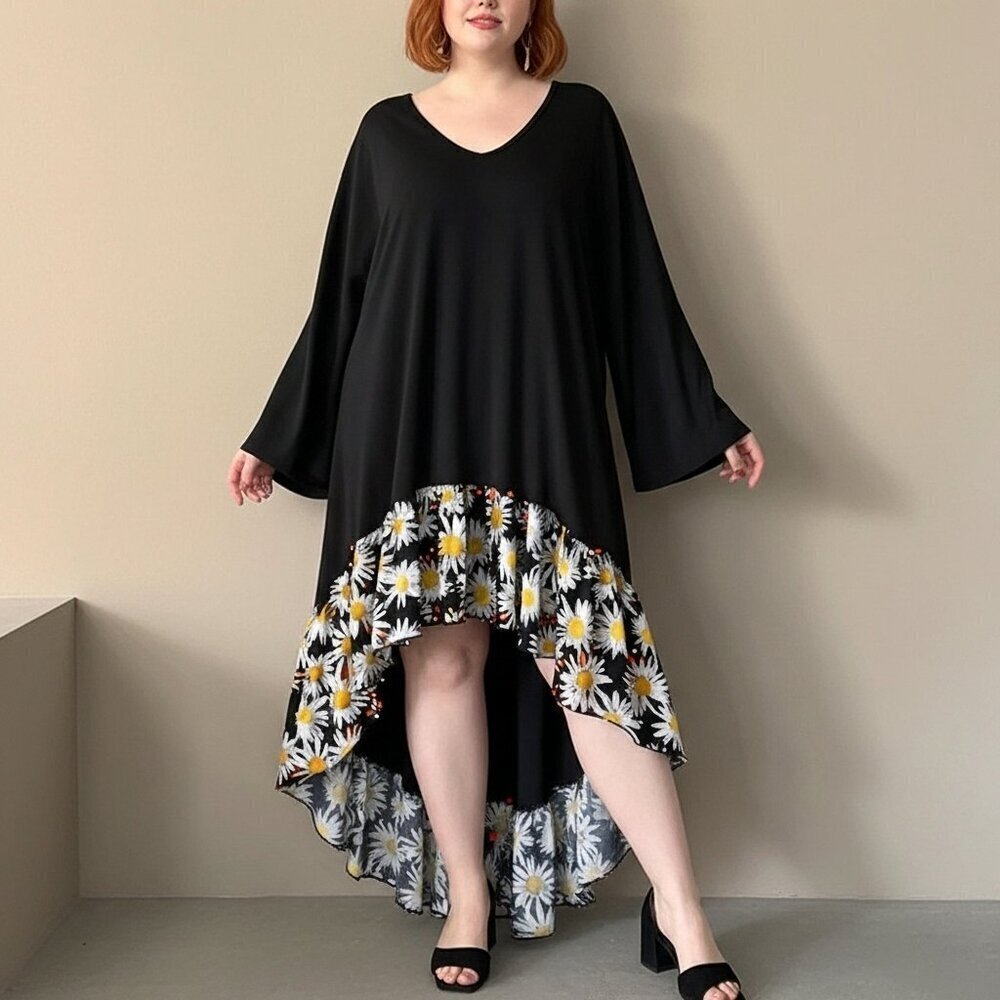 Rodeo Fox Black Bell Sleeve Daisy Print Ruffle High Low Hem Dress 2XL
